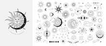 Set Of Celestial Mystic Esoteric Magic Elements Sun Moon And Clouds Different Stages Of Moon, Zodiac Signs. Alchemy Tattoo Object Logo Template. Vector