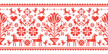 Traditional Cross-stitch Vector Seamless Folk Art Pattern With Horses, Flowers And Birds - Repetitive Background Inspired By German And Austrian Ornaments
