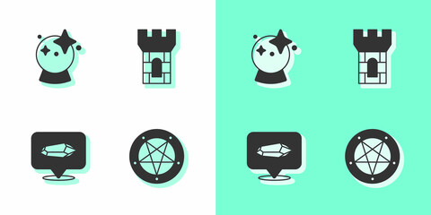 Poster - Set Pentagram in a circle, Magic ball, stone and Castle tower icon. Vector