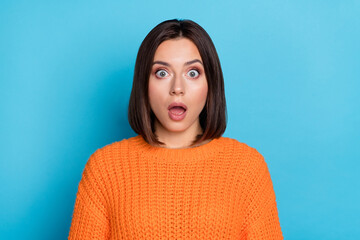 Poster - Portrait of attractive amazed girl sudden incredible news reaction wow isolated over bright blue color background