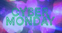 Digital Image Of Green Cyber Monday Sale Text Banner Against Colorful Spots Of Light