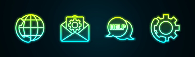 Canvas Print - Set line Telephone 24 hours support, Envelope setting, Speech bubble with text Help and . Glowing neon icon. Vector