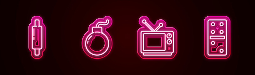 Sticker - Set line Rolling pin, Bomb ready to explode, Retro tv and Domino. Glowing neon icon. Vector