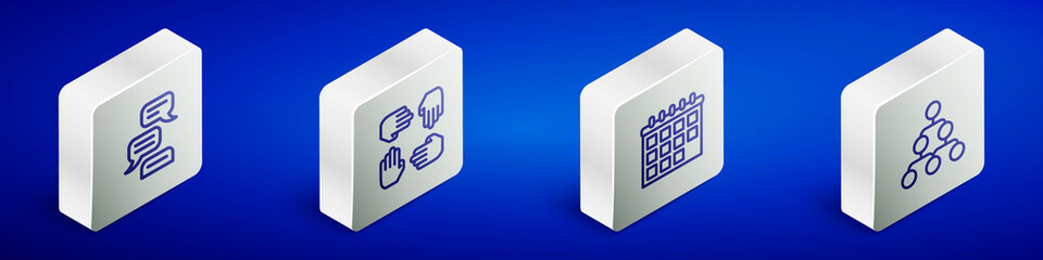 Sticker - Set Isometric line Speech bubble chat, Project team base, Calendar and Hierarchy organogram chart icon. Vector