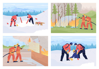 Poster - First responder service flat color vector illustrations set. Avalanche search. Extinguishing fires. Rescuers saving nature and people 2D cartoon characters collection with landscape on background