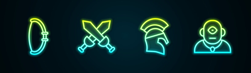 Sticker - Set line Medieval bow, Crossed medieval sword, Greek helmet and Cyclops. Glowing neon icon. Vector