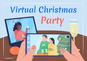 Poster - Virtual Christmas party poster flat vector template. Festive holiday. Brochure, booklet one page concept design with cartoon characters. New Year celebration flyer, leaflet with copy space