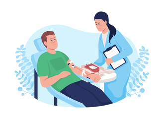 Poster - blood donation 2d vector isolated illustration. man in chair on blood transfusion. donor with smilin