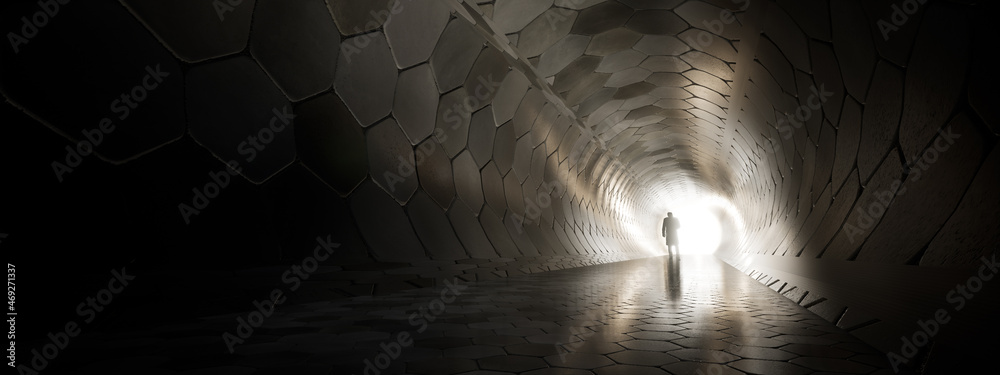 Concept or conceptual dark tunnel with a bright light at the end or exit as metaphor to success, faith, future or hope, a black silhouette of walking man to new opportunity or freedom 3d illustration