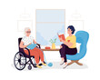 Volunteer in nursing home 2D vector isolated illustration. Girl read to grandma. Elderly and younger woman sit together indoors flat characters on cartoon background. Charity work colourful scene