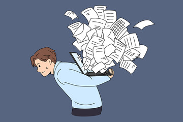 Tired young man carry laptop overwhelmed with online notification. Exhausted male frustrated with mail spam or scam on internet on computer. Social media. Technology. Flat vector illustration. 