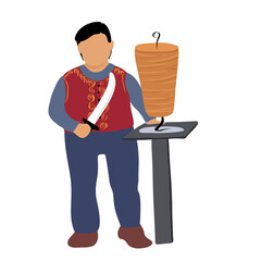 Wall Mural - Male chef with a knife in his hand in traditional dress, cooking and sells donner kebab. Street food mini business. selling shawarma. Flat vector illustration isolated on a white background.