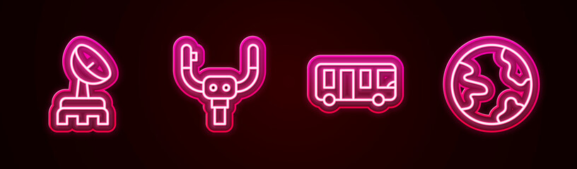 Sticker - Set line Radar, Aircraft steering helm, Airport bus and Worldwide. Glowing neon icon. Vector