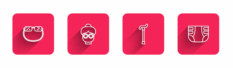 Sticker - Set line Eyeglasses, Grandmother, Walking stick cane and Adult diaper with long shadow. Red square button. Vector