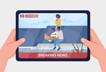 Poster - Breaking news on disaster flat color vector illustration. Streaming urgent information on emergency situation. Stressed family trapped on roof by flood 2D cartoon first view hand with color background
