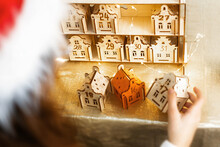 Small Toy Wooden Houses With Numbers 29, 30, 31. Eco Advent Calendar Concept For Children.