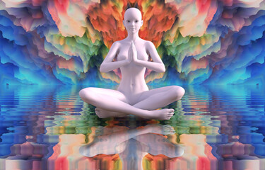 Wall Mural - Silhouette of a girl in Lotus position on the background of the mandala. A state of trance and deep meditation. A spiritual journey in the universe. 3d illustration. 