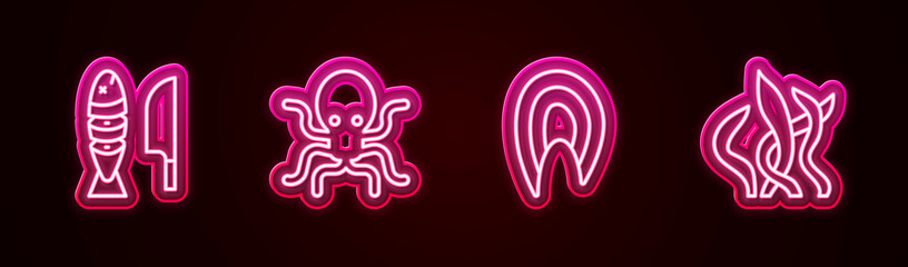 Sticker - Set line Fish with sliced pieces, Octopus, steak and Seaweed. Glowing neon icon. Vector