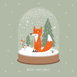 Christmas card. Snow Globe with  cute fox