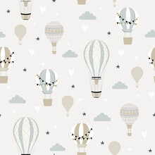 Blue Hot Air Ballon And Clouds Seamless Childish Pattern. Hand Drawn Repeat Pattern For Wrapping, Fabrik, Textile Or Paper Projects. Vector Illustration.