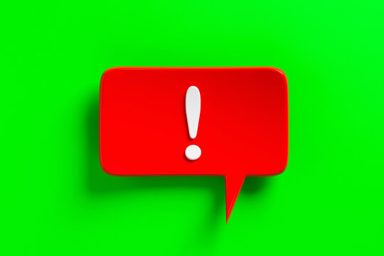 Social media notification icon, red bubble speech with exclamation mark on green background. 3D rendering
