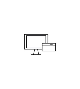 Сomputer technology concept. Modern outline illustration for banners, flyers and web sites. Editable stroke in trendy flat style. Line icon of credit card and computer