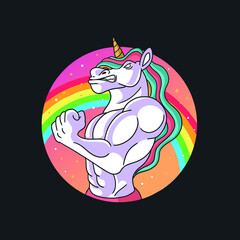 strong unicorn with rainbow hair show the muscle