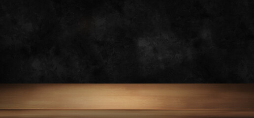 Wall Mural - wooden light table counter top with dark black background . wood tabletop front view