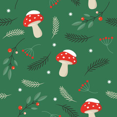 Wall Mural - Seamless xmas pattern with fir branches  and amanita mushrooms