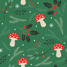 Seamless Xmas Pattern With Fir Branches, Holly  And Amanita Mushrooms