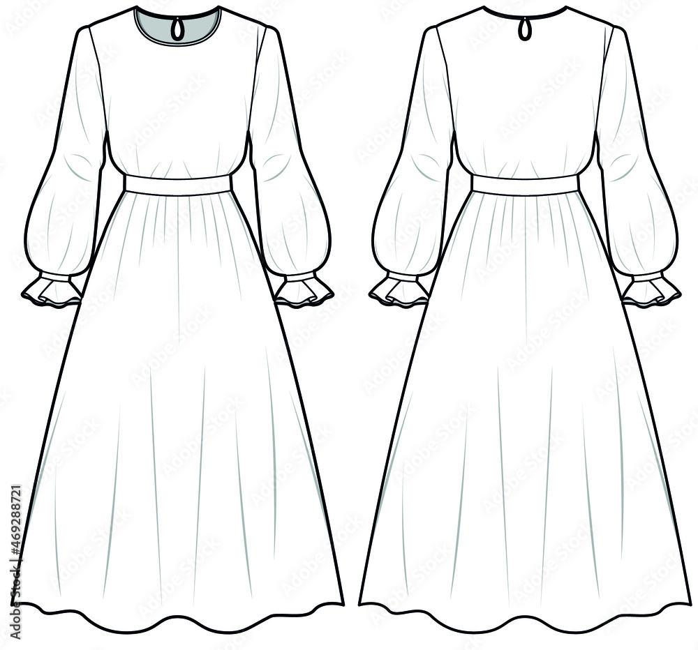 Woman Poet Sleeve Midi Dress Front and Back View. fashion illustration  vector, CAD, technical drawing, flat drawing. Stock Vector | Adobe Stock