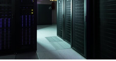 Poster - video of empty corridor with rows of computer servers with purple lights