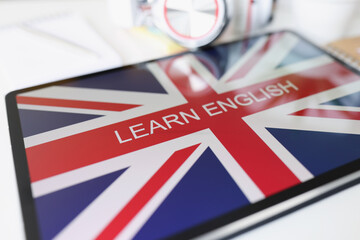 Screen tablet device shows learning english language online program
