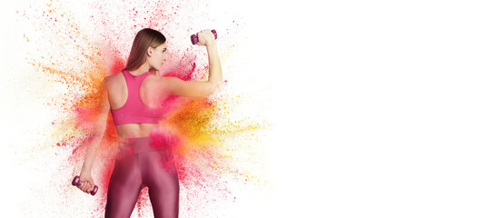 Wall Mural - Collage with young female athlete, fitness coach posing in explosion of colored neon powder isolated on white background
