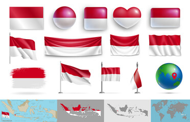 Wall Mural - indonesia flags of various shapes and geographic map set. realistic national indonesian flags, gloss