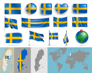 Wall Mural - sweden flags of various shapes and geographic map set. realistic swedish flags, glossy buttons in pa