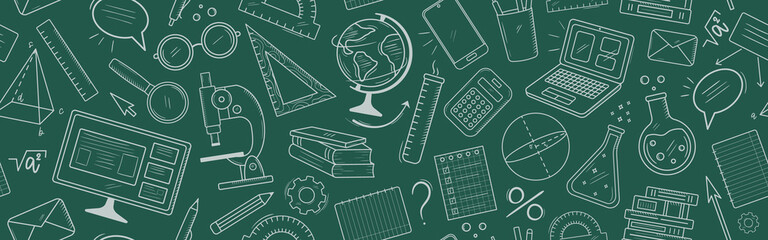 Vector banner with online education doodle symbols. Learning, knowlege, skill concept. Seamless background with math, physics, chemistry, icons. School and university pattern
