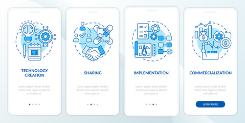 Wall Mural - Tech transfer stages onboarding mobile app page screen. Sharing and implementation walkthrough 4 steps graphic instructions with concepts. UI, UX, GUI vector template with linear color illustrations