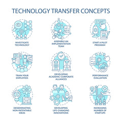 Technology sharing concept icons set. Implement innovative solutions. Corporate collaboration development. idea thin line color illustrations. Vector isolated outline drawings. Editable stroke