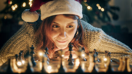 Canvas Print - Girl Plays Chess on Christmas Mood