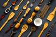 Leinwandbild Motiv Pattern of kitchen utensils and cookware. Flat lay, top view