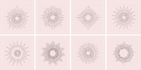 Wall Mural - sunburst tales. bohemian cards, tattoo templates. retro rays of sun vector collection