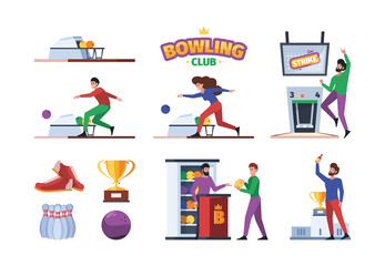 Poster - Bowling equipment. Sport active game skittles balls bowling players garish vector illustrations in flat style