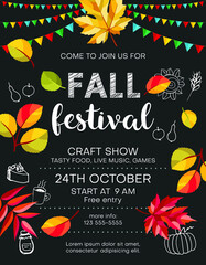 Wall Mural - Fall festival announcing poster template with food icons and colorful leaves, black background with decorative details.