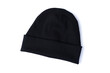 Black beanie hat isolated on white background. Top view of trendy youth headwear