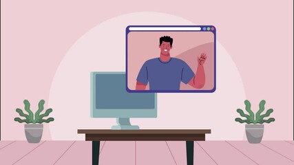 Poster - video conference animation with man in desktop