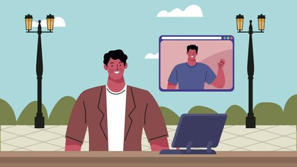 Sticker - video conference animation with young man using laptop