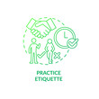 Practice etiquette green gradient concept icon. Preparing for job interview abstract idea thin line illustration. Be polite, positive. Watch body language. Vector isolated outline color drawing
