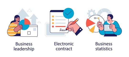 Fototapete - Business icons set. Market success, digital paperwork, corporate research. Business leadership, electronic contract, business statistics metaphors