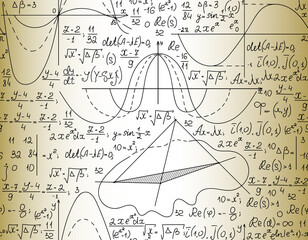 Wall Mural - Handwritten old manuscript with formulas, calculations and technical drawings, math vector seamless pattern	
